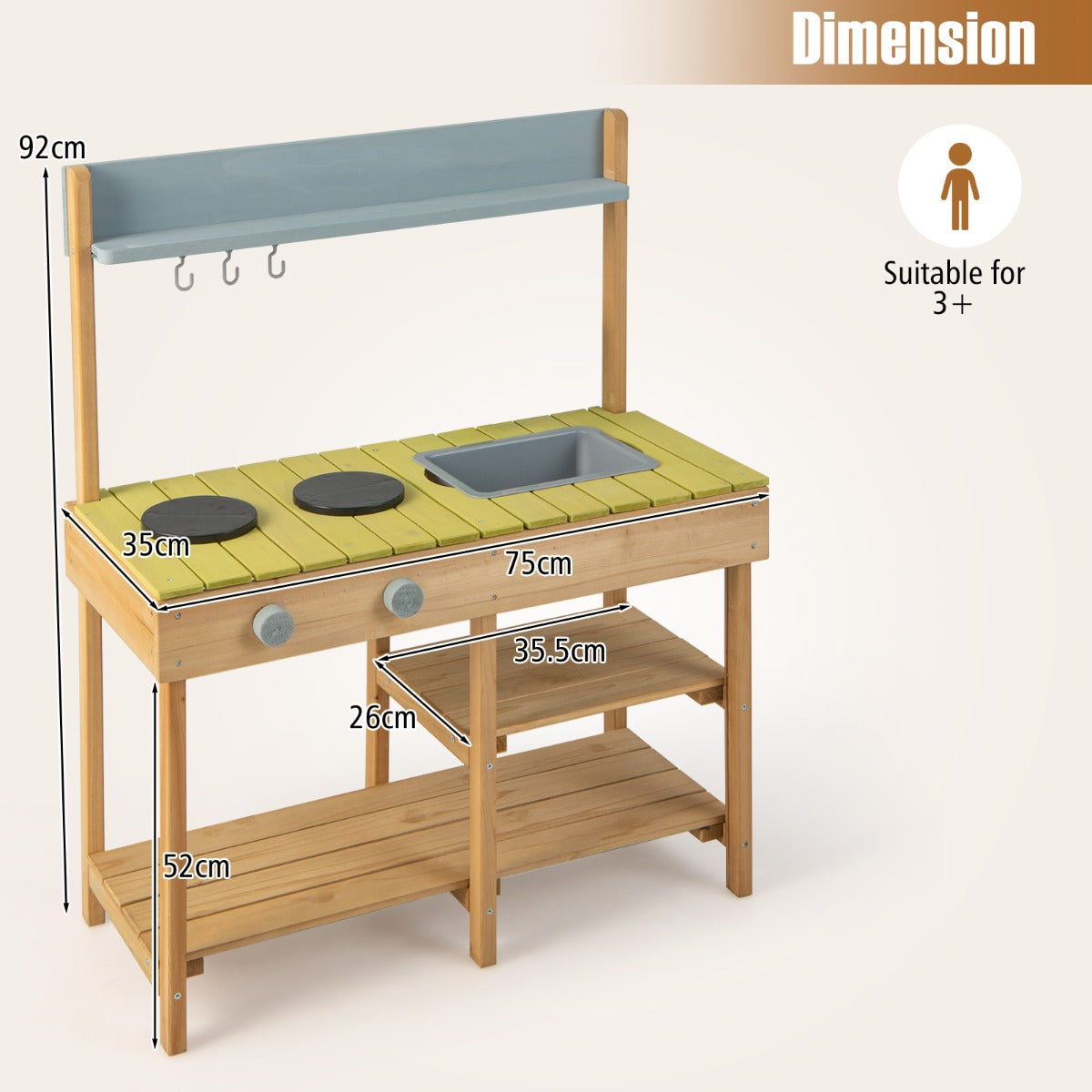 LIVSK Kindermatskeuken Speelset - 2 Fornuizen - Afneembare Gootsteen - Duurzaam Dennenhout - Voor Kinderen 3+ - Natuur + Blauw +