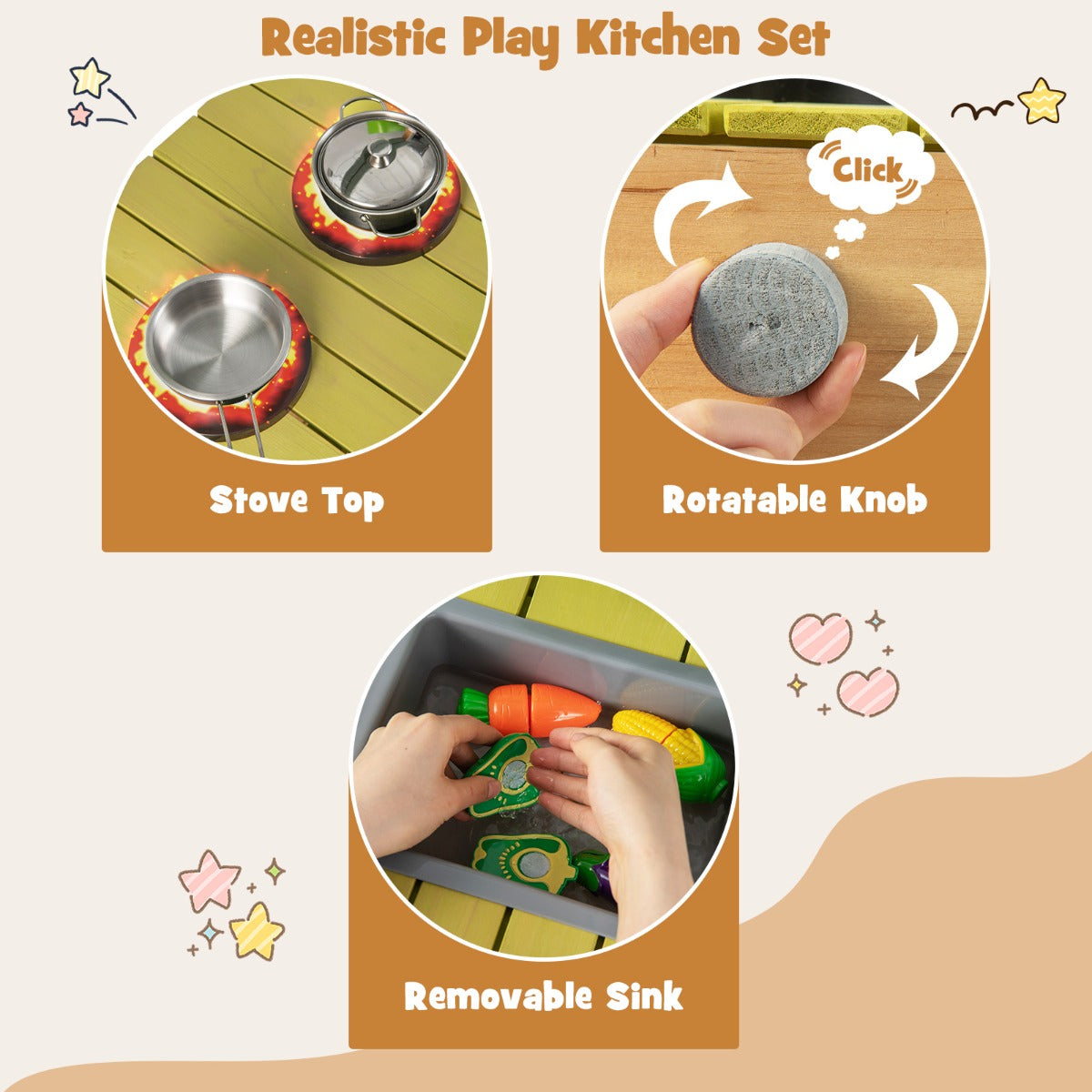 LIVSK Kindermatskeuken Speelset - 2 Fornuizen - Afneembare Gootsteen - Duurzaam Dennenhout - Voor Kinderen 3+ - Natuur + Blauw +