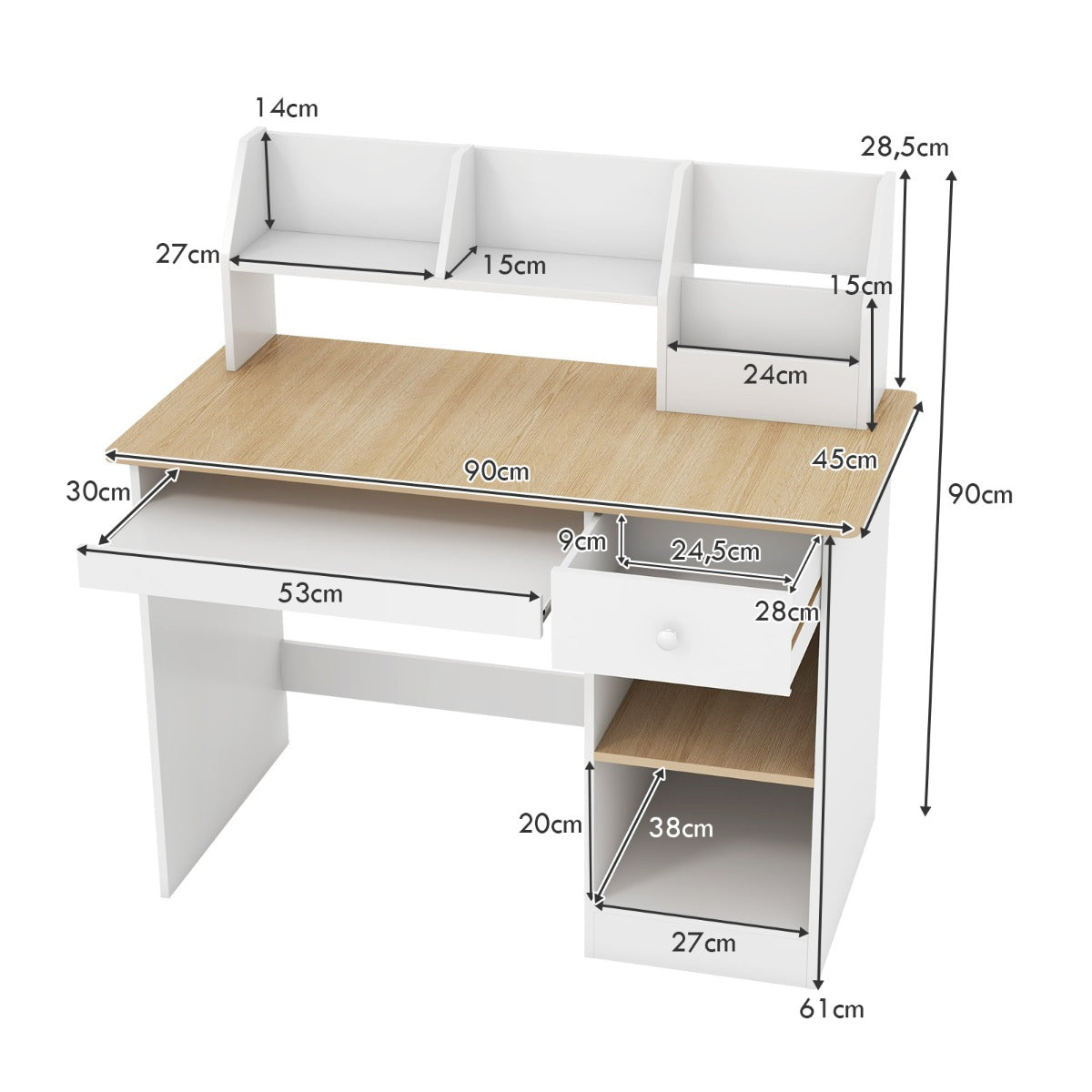 LIVSK Studietafel voor Kinderen - Veelzijdig Design met Opbergruimte - Waterdicht en Veilig - 90 x 45 x 90 cm - Wit