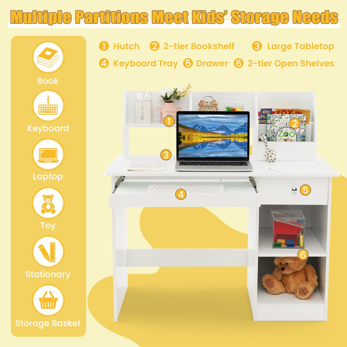 LIVSK Bureautafel voor Kinderen - Toetsenbordlade - Boekenkast - Opbergplanken - Compact 90 x 45 x 90 cm - Wit