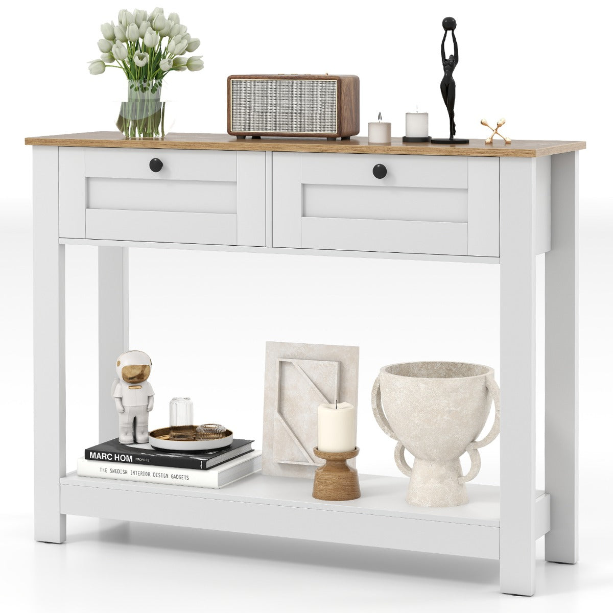 Livsk costway houten console tafel met 2 lades 2 niveaus smalle hal tafel entreetafel bijzettafel wit