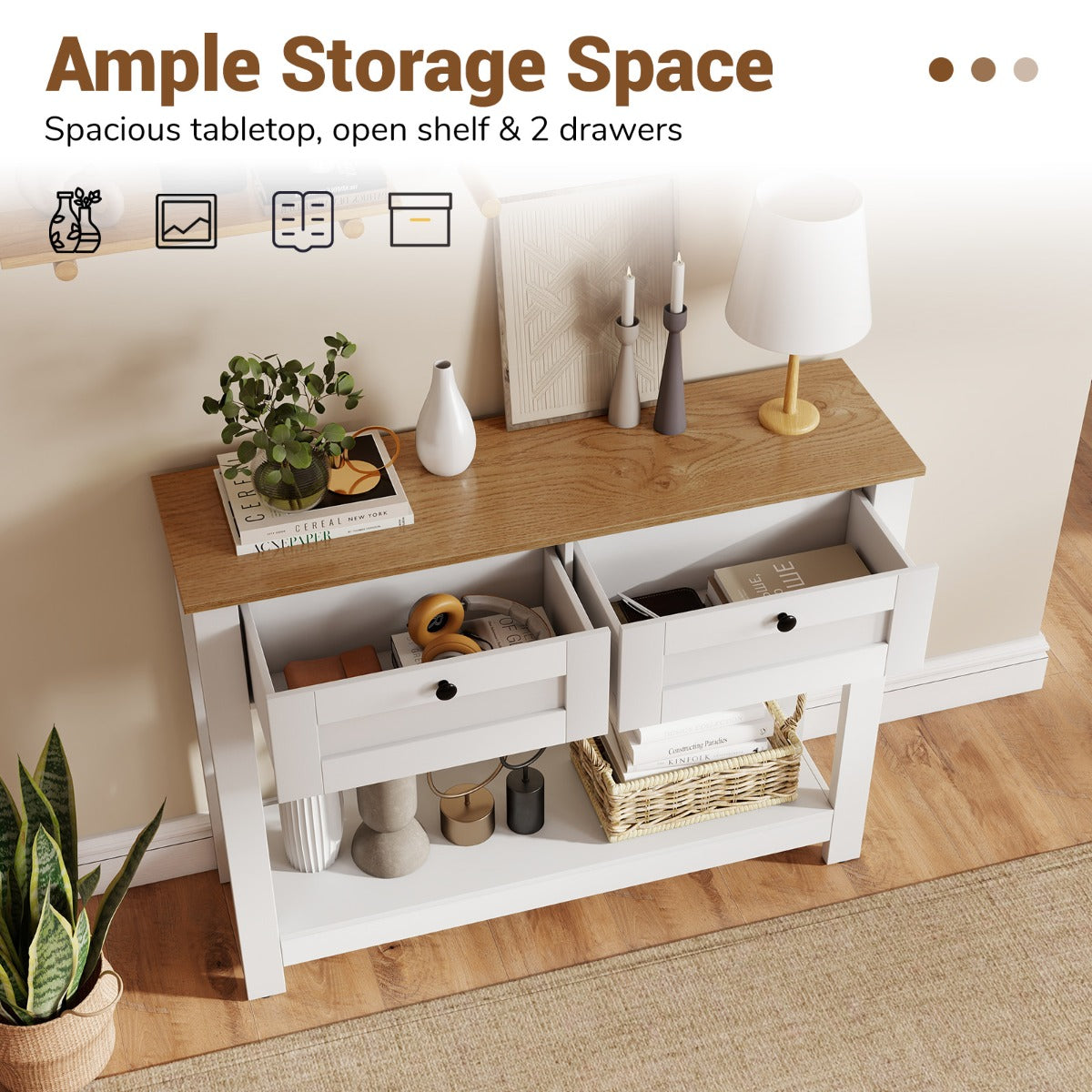 Livsk costway houten console tafel met 2 lades 2 niveaus smalle hal tafel entreetafel bijzettafel wit