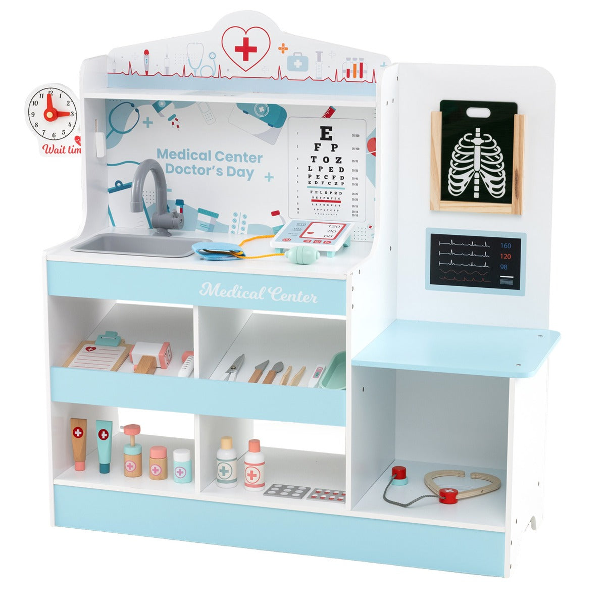 LIVSK Houten Dokterspeelset - 24 Accessoires - Interactief Medisch Centrum - Veilig Ontwerp - 97 x 30,5 x 88 cm - Blauw