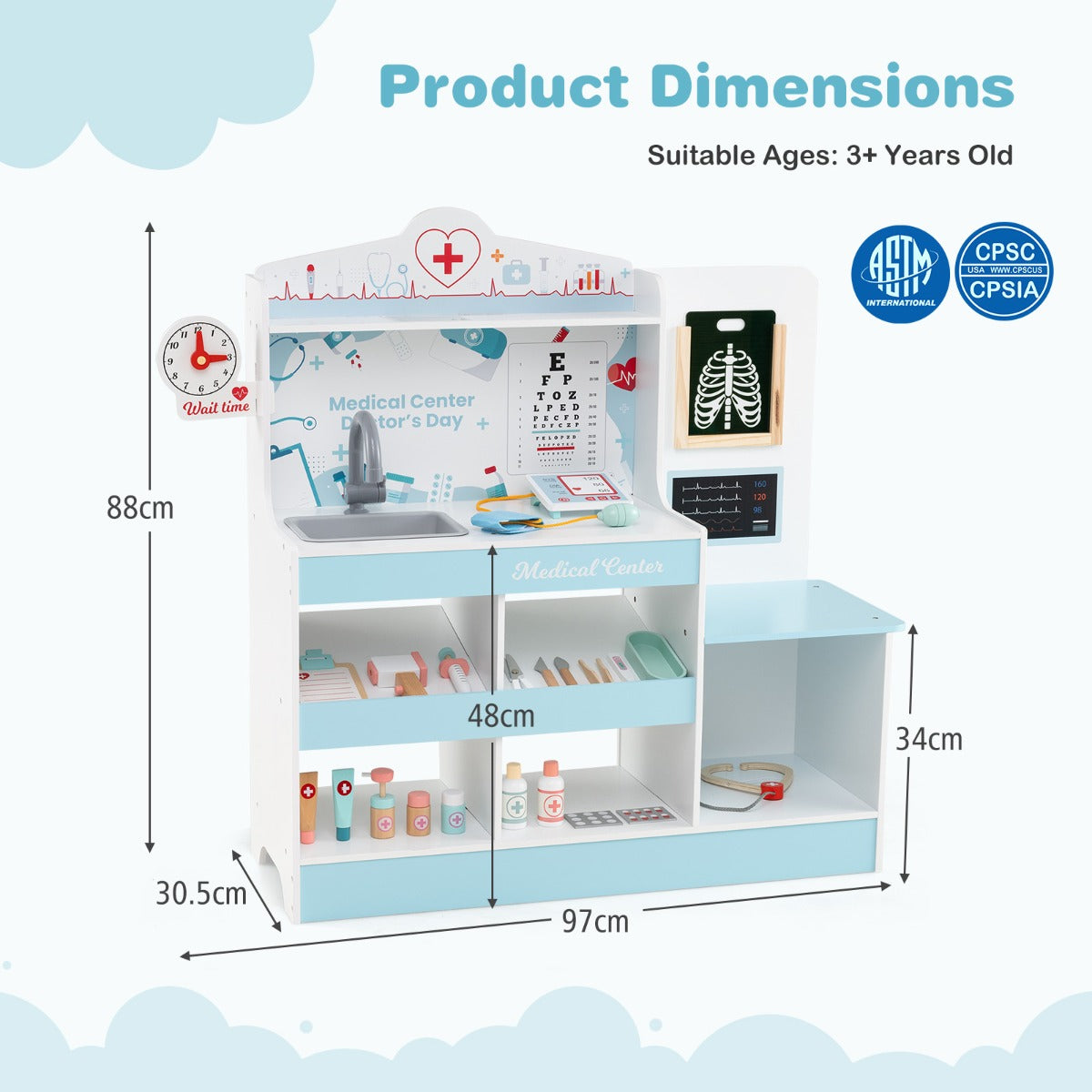 LIVSK Houten Dokterspeelset - 24 Accessoires - Interactief Medisch Centrum - Veilig Ontwerp - 97 x 30,5 x 88 cm - Blauw