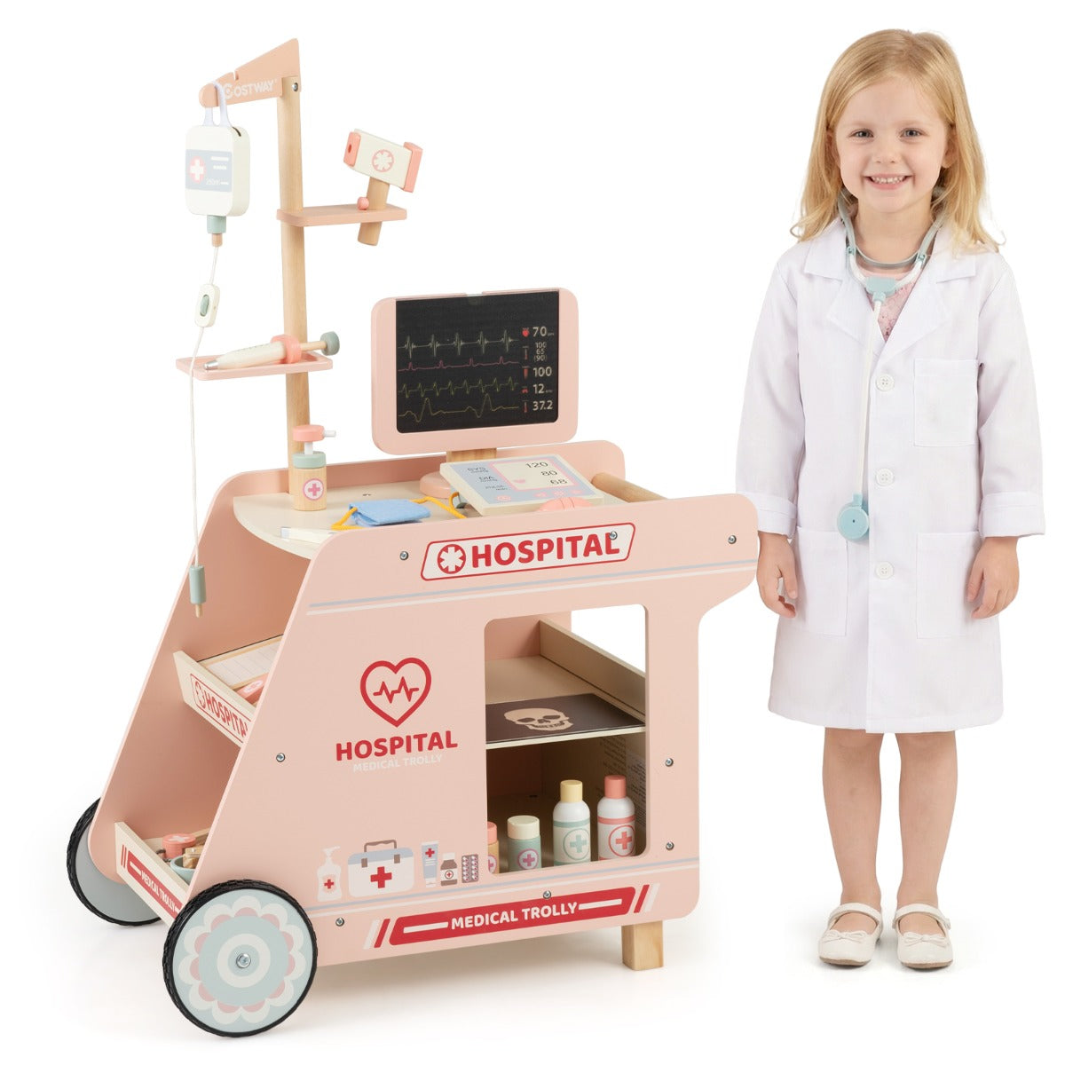 Livsk costway houten dokterswagen doktersset voor kinderen om rollenspel te spelen met wagen ct scanner en stethoscoop mobiel medisch speelgoed met accessoires