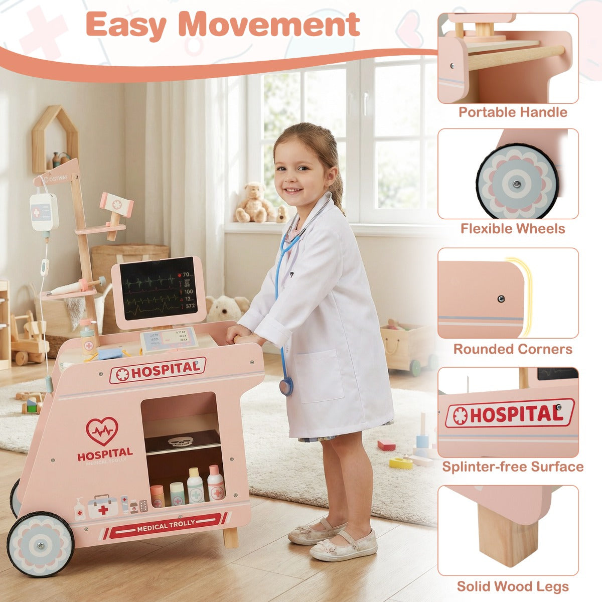 Livsk costway houten dokterswagen doktersset voor kinderen om rollenspel te spelen met wagen ct scanner en stethoscoop mobiel medisch speelgoed met accessoires