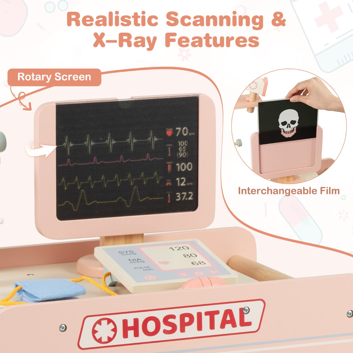 Livsk costway houten dokterswagen doktersset voor kinderen om rollenspel te spelen met wagen ct scanner en stethoscoop mobiel medisch speelgoed met accessoires
