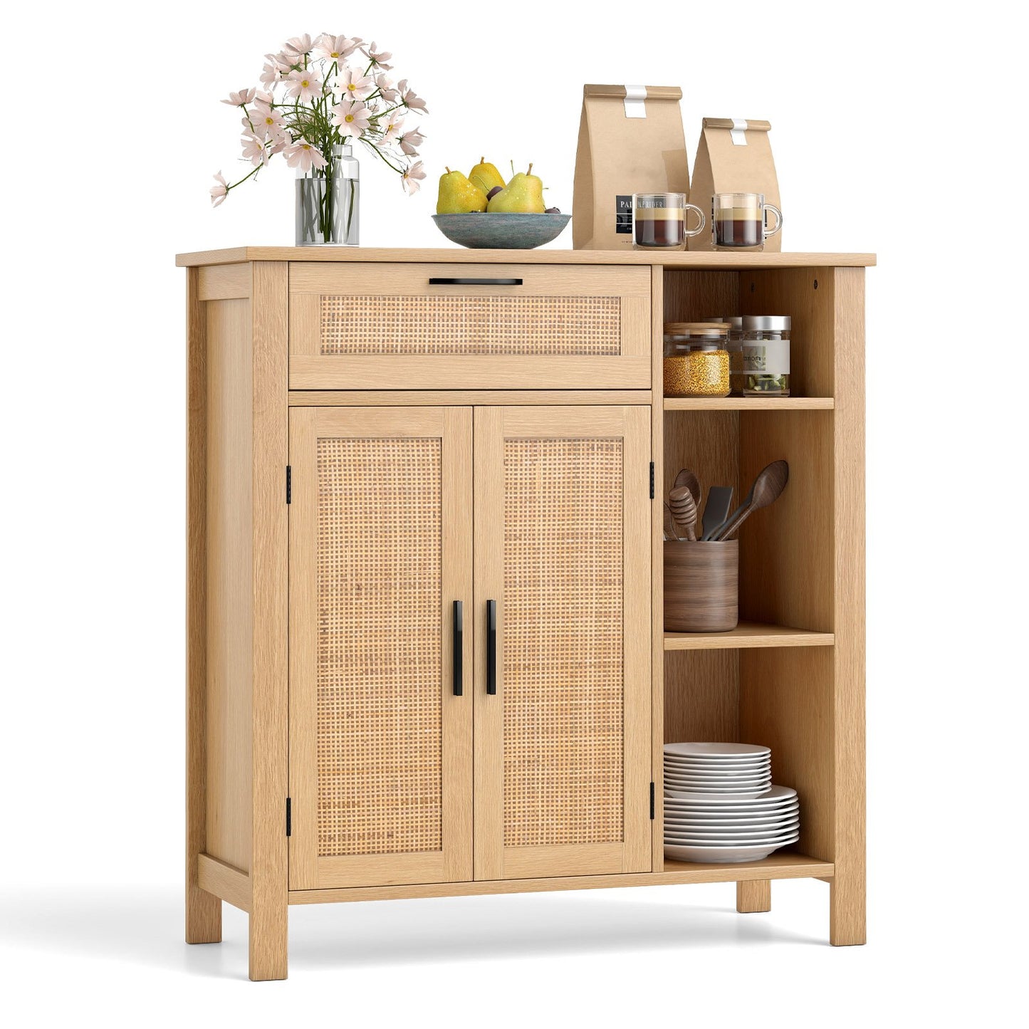 LIVSK Buffet-sideboard met Rieten Deuren - Uittrekbare Lade - Verstelbaar Rek - Antikantelsets - Stijlvol en Robuust - Wit