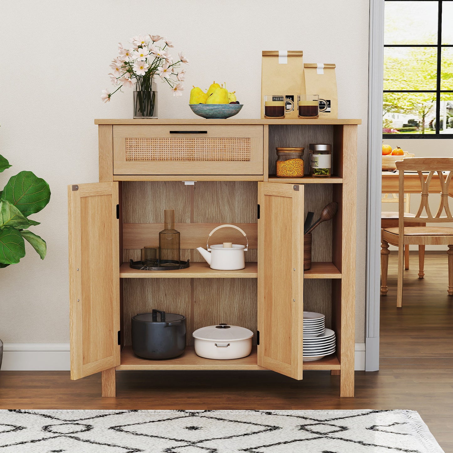 LIVSK Buffet-sideboard met Rieten Deuren - Uittrekbare Lade - Verstelbaar Rek - Antikantelsets - Stijlvol en Robuust - Wit