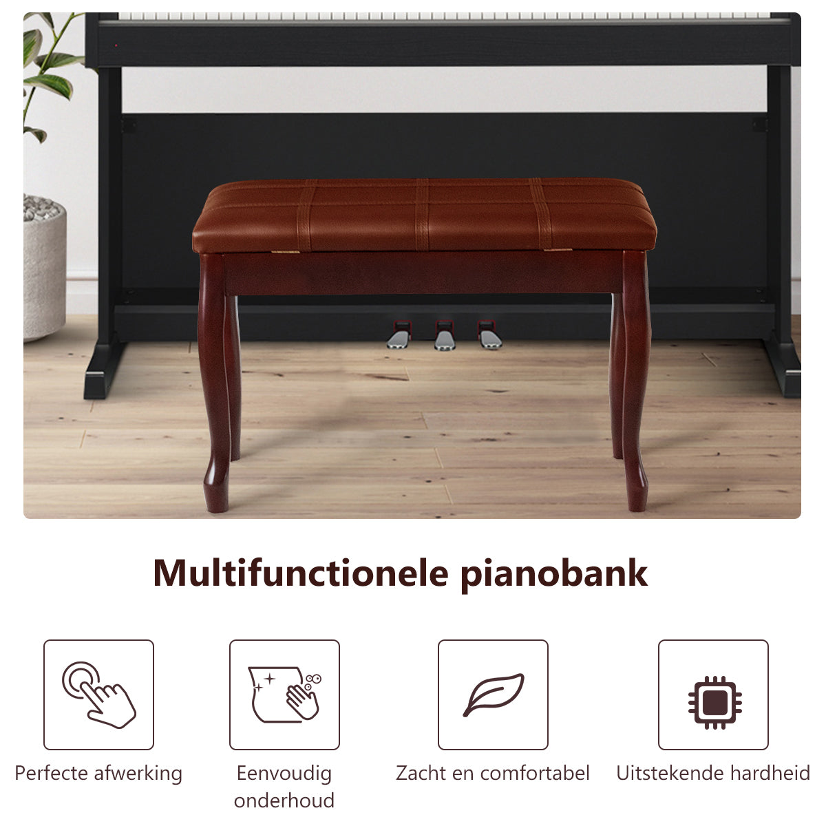 LIVSK Pianobank - Massief Hout - Gepolsterd Lederen Zitting - Opbergvak - 75 x 35 x 49 cm - Bruin