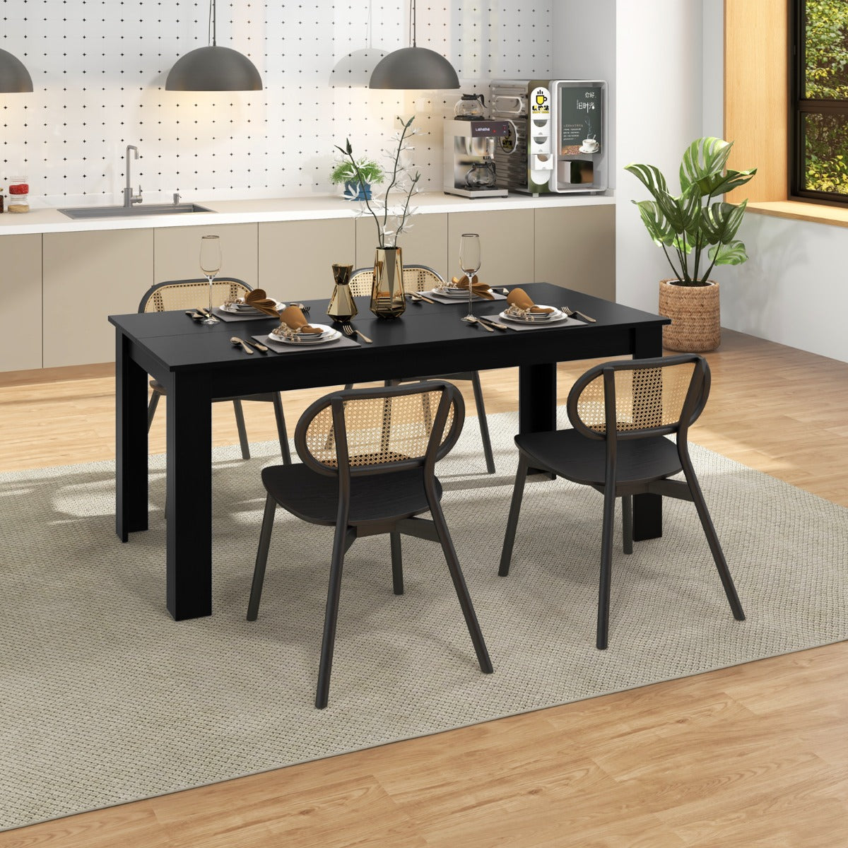 LIVSK Uitschuifbare Eettafel - Voor 6-8 Personen - Hoogwaardig Hout - Stabiele L-vormige Poten - Draagvermogen 150 kg - Zwart