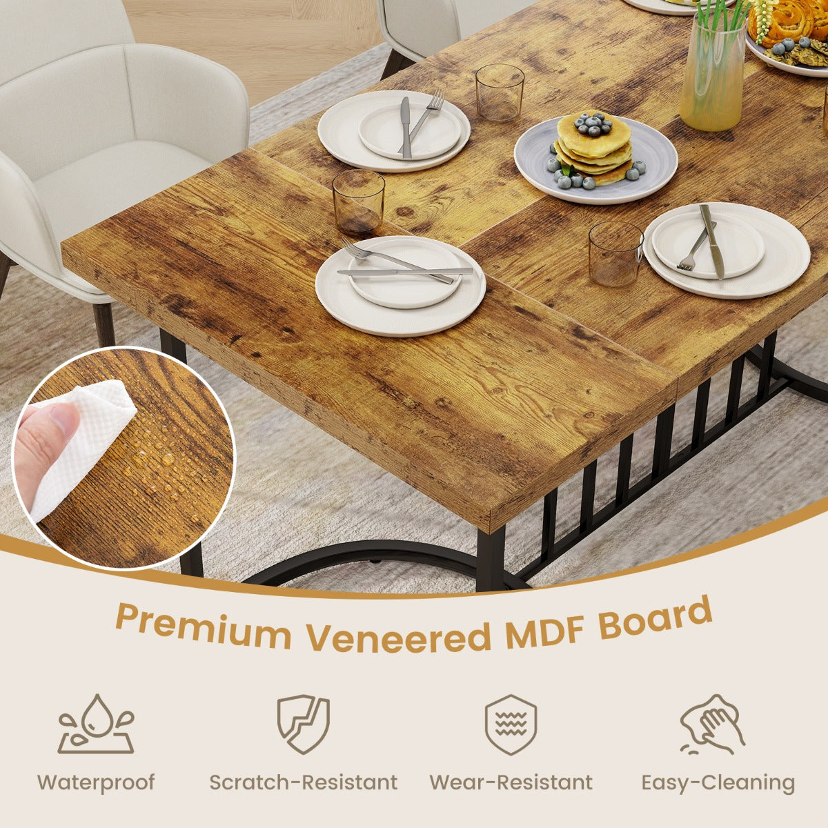 Livsk costway houten eettafel van 180 cm voor 6 8 personen rechthoekige keukentafel in landelijke stijl met houten blad metalen frame capaciteit 135 kg 1 1