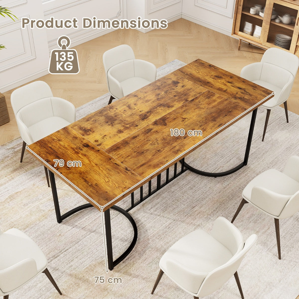Livsk costway houten eettafel van 180 cm voor 6 8 personen rechthoekige keukentafel in landelijke stijl met houten blad metalen frame capaciteit 135 kg 2
