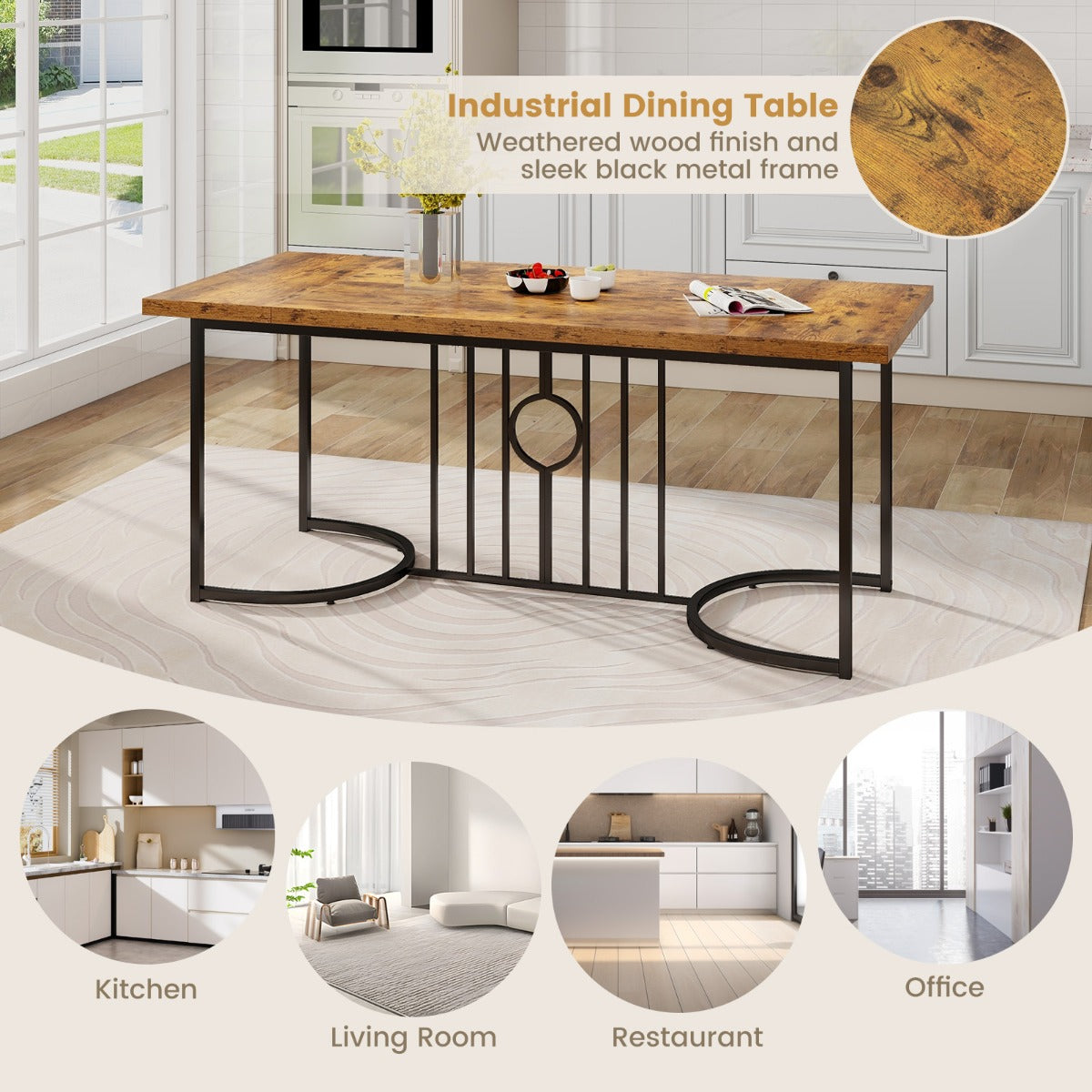 Livsk costway houten eettafel van 180 cm voor 6 8 personen rechthoekige keukentafel in landelijke stijl met houten blad metalen frame capaciteit 135 kg 4
