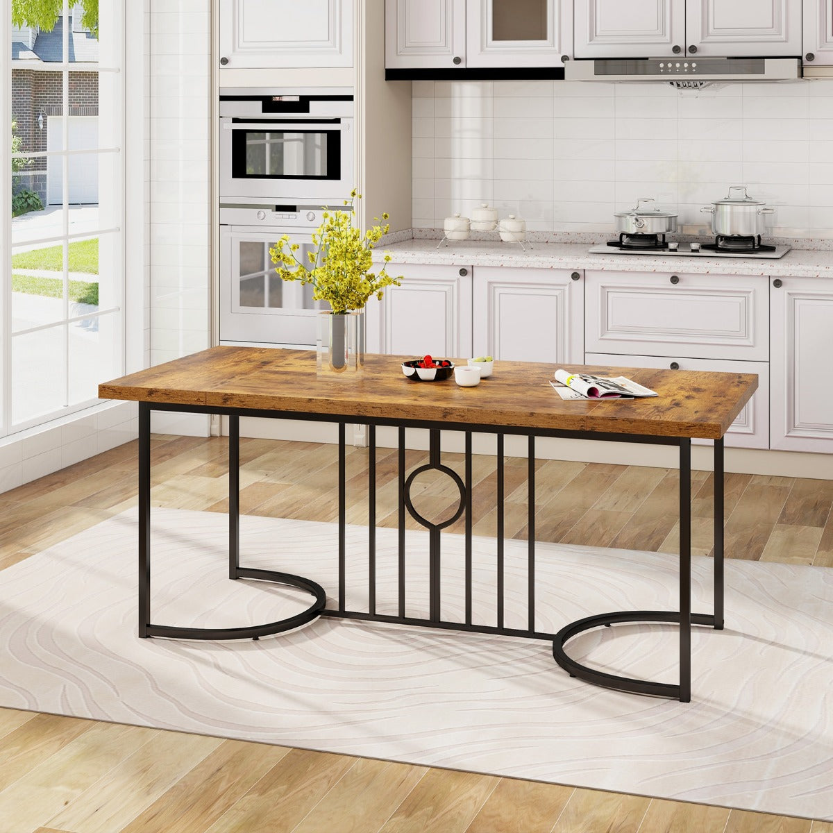 Livsk costway houten eettafel van 180 cm voor 6 8 personen rechthoekige keukentafel in landelijke stijl met houten blad metalen frame capaciteit 135 kg 6