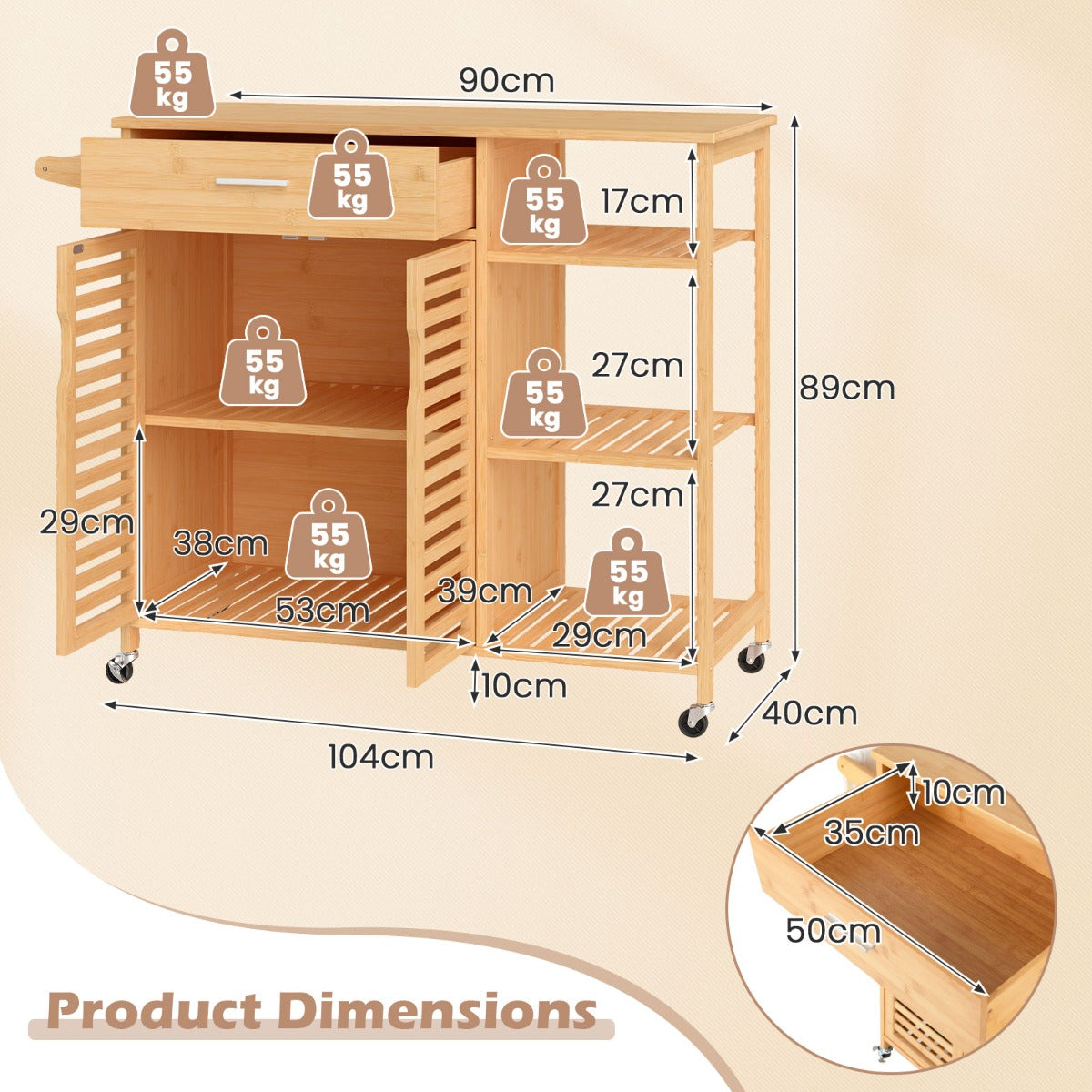 LIVSK Houten Keukentrolley met Wielen - Werkblad, Lade en Kast - Duurzaam Bamboe - 104 x 40 x 89 cm - Natuurlijk