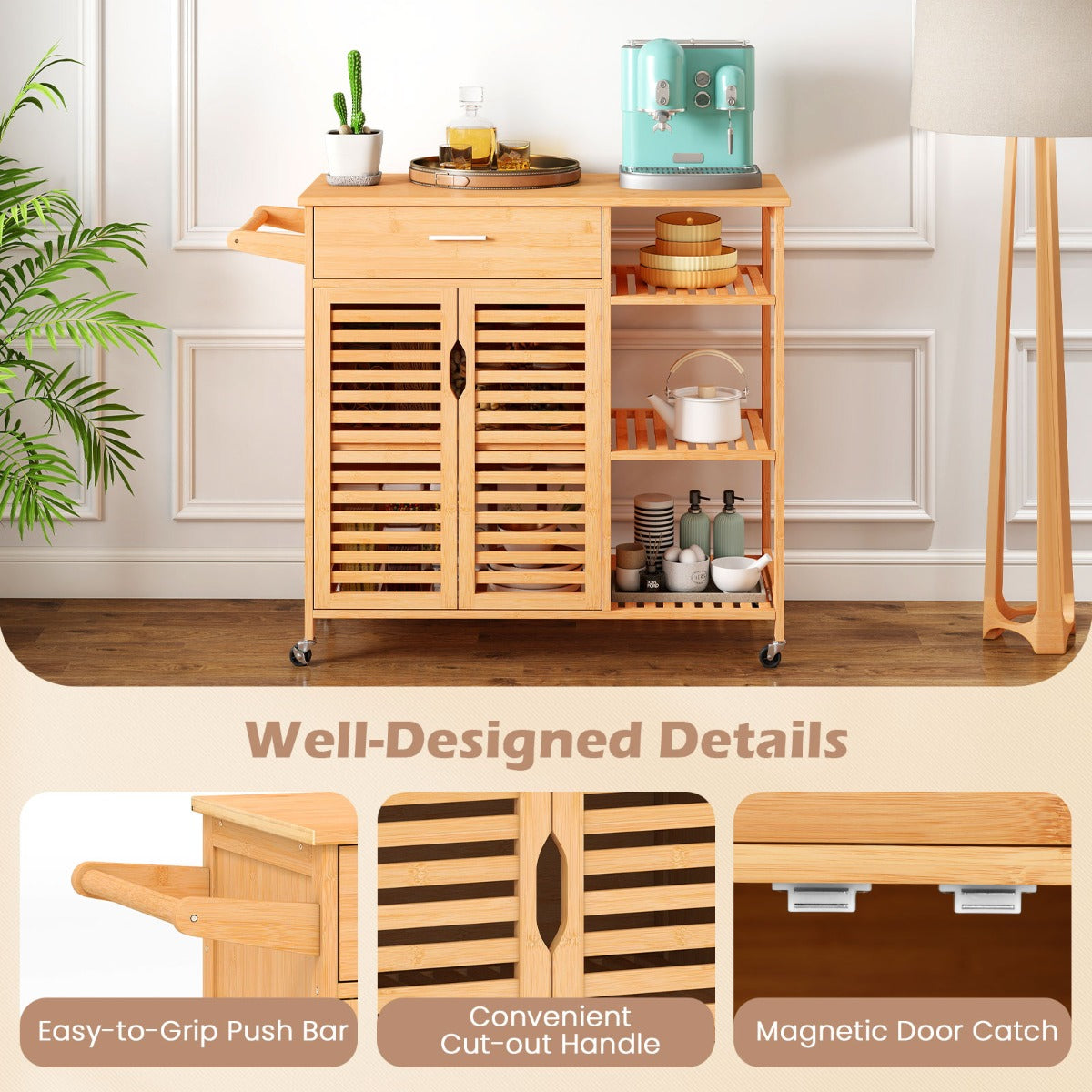 LIVSK Houten Keukentrolley met Wielen - Werkblad, Lade en Kast - Duurzaam Bamboe - 104 x 40 x 89 cm - Natuurlijk