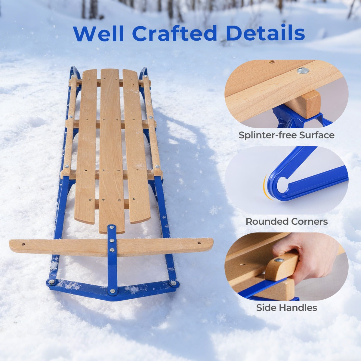 Livsk costway houten en stalen slee met schaatsen en stuurstang slee voor sneeuwbelasting 150kg geschikt voor volwassenen en kinderen vanaf 5 jaar blauw 4