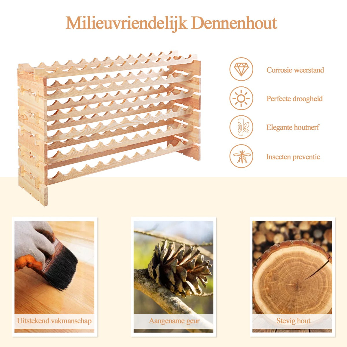 LIVSK Wijnrek voor 72 Flessen - Hoogwaardig Grenenhout - Stapelbaar - Eenvoudige Montage - Natuurlijk