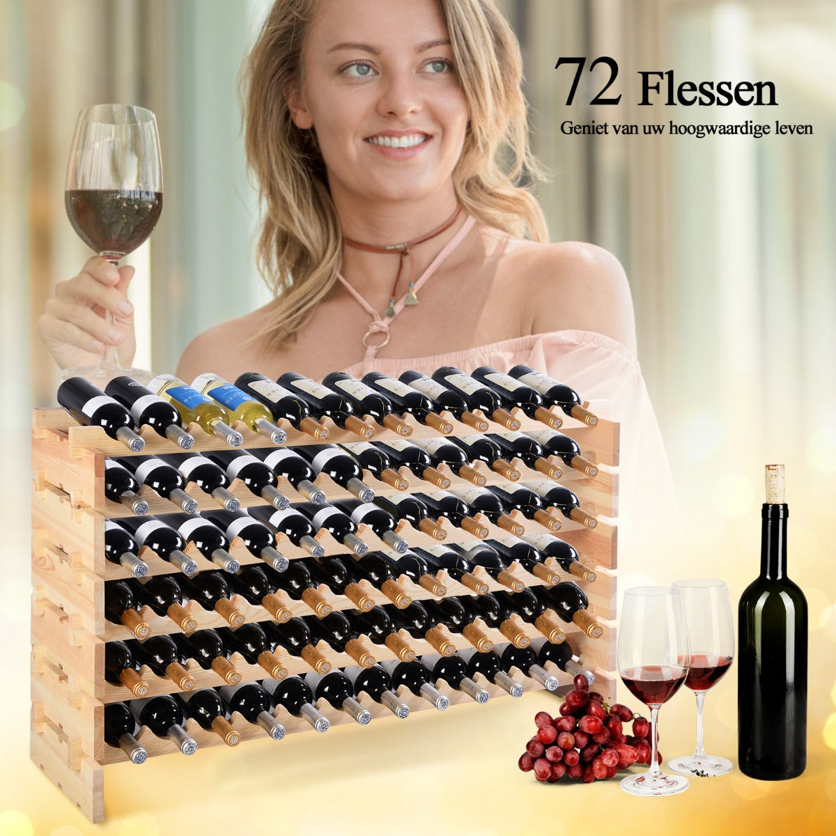 LIVSK Wijnrek voor 72 Flessen - Hoogwaardig Grenenhout - Stapelbaar - Eenvoudige Montage - Natuurlijk