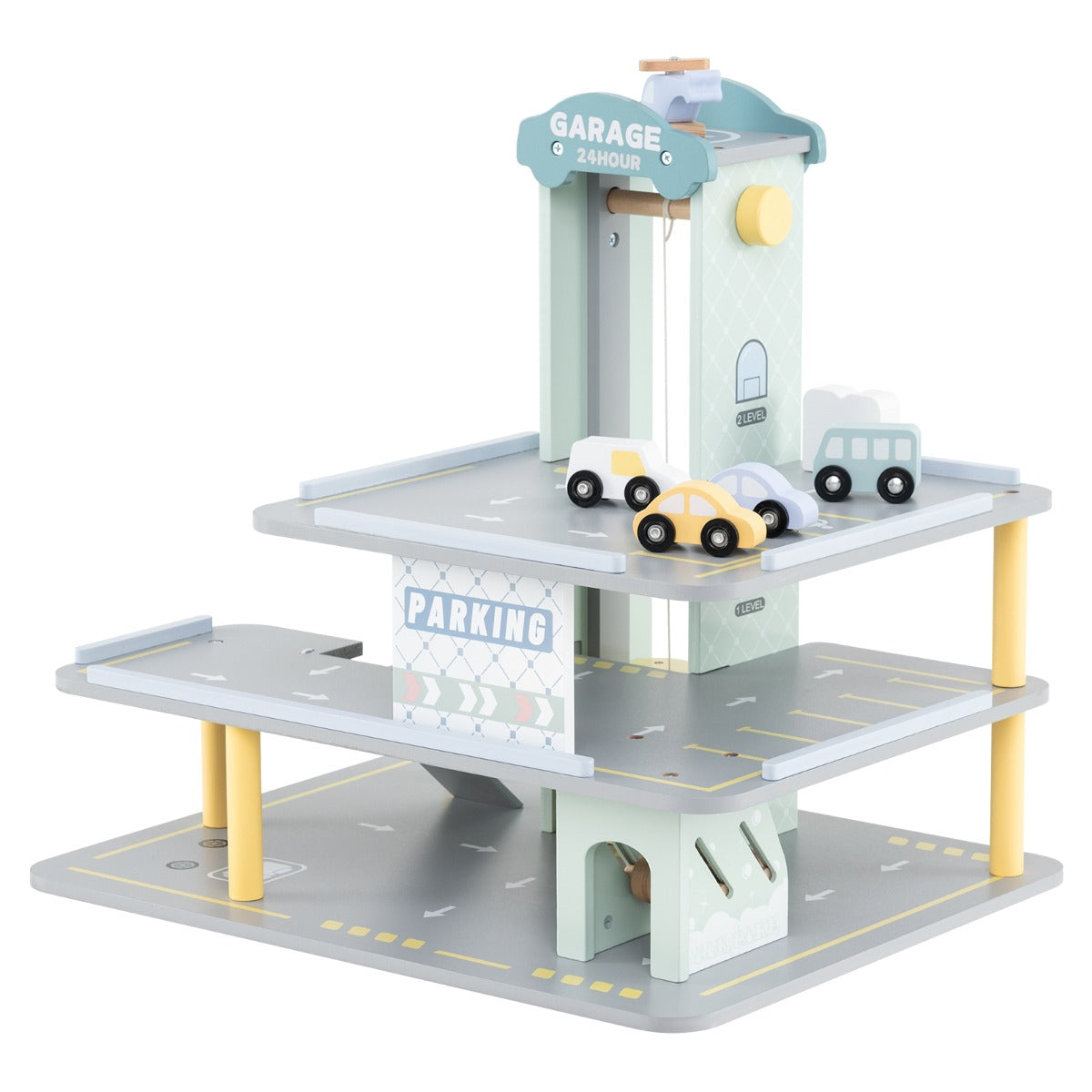 LIVSK Garagespeelset - 3 Niveaus - 4 Auto's - Helikopter - Lift - Autowasstraat - Educatief Speelgoed - 50 x 40 x 47 cm -