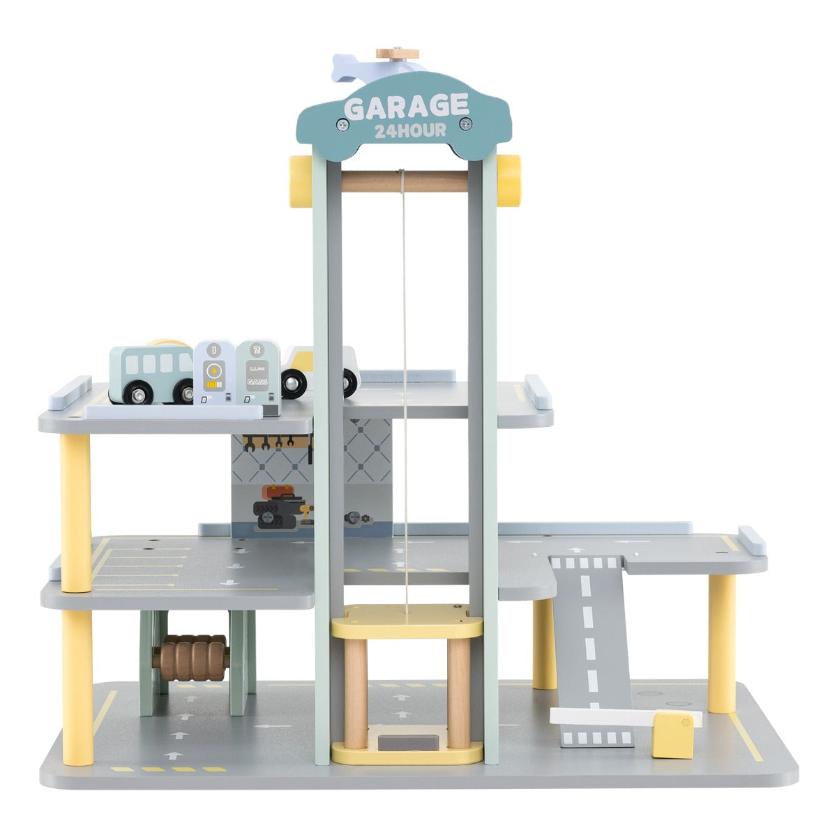 LIVSK Garagespeelset - 3 Niveaus - 4 Auto's - Helikopter - Lift - Autowasstraat - Educatief Speelgoed - 50 x 40 x 47 cm -