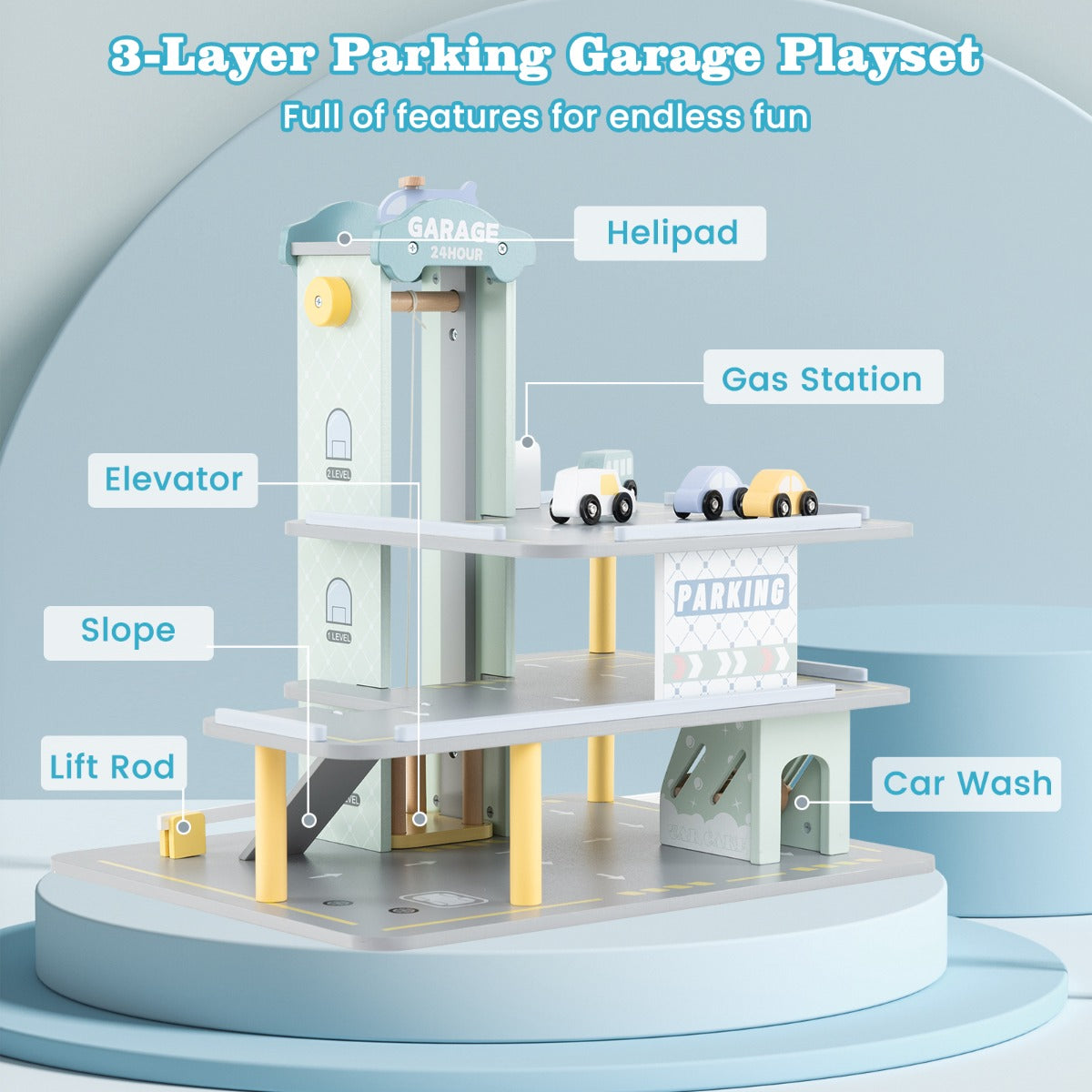 LIVSK Garagespeelset - 3 Niveaus - 4 Auto's - Helikopter - Lift - Autowasstraat - Educatief Speelgoed - 50 x 40 x 47 cm -