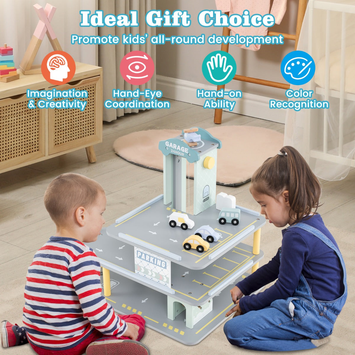 LIVSK Garagespeelset - 3 Niveaus - 4 Auto's - Helikopter - Lift - Autowasstraat - Educatief Speelgoed - 50 x 40 x 47 cm -
