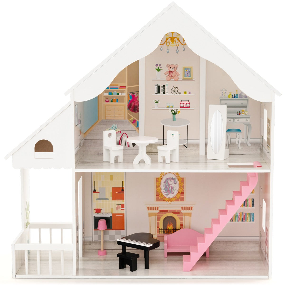LIVSK Houten Poppenhuis - 2 Verdiepingen met Meubels en Accessoires - Educatief en Duurzaam - Voor Kinderen vanaf 3 jaar - Wit