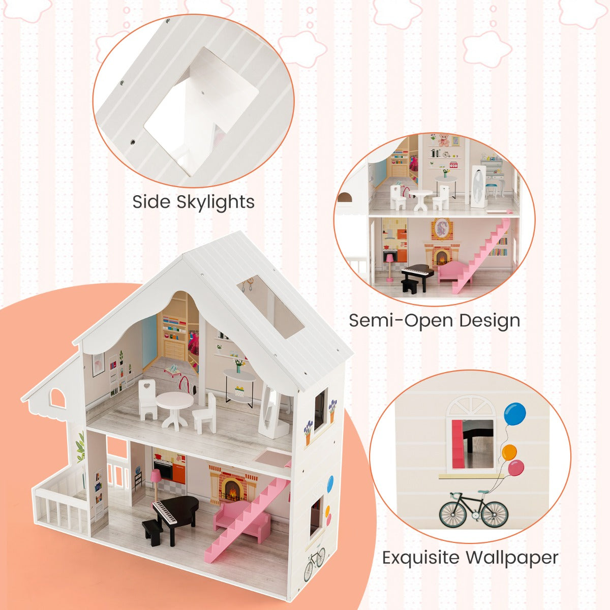 LIVSK Houten Poppenhuis - 2 Verdiepingen met Meubels en Accessoires - Educatief en Duurzaam - Voor Kinderen vanaf 3 jaar - Wit