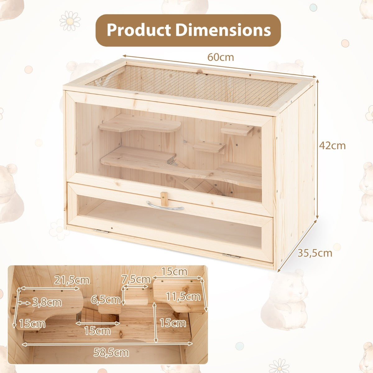 LIVSK Houten Hamsterkooi met Opklapdeksel - Multi-trappen - Ruime Hamster Leefruimte - Natuurlijk