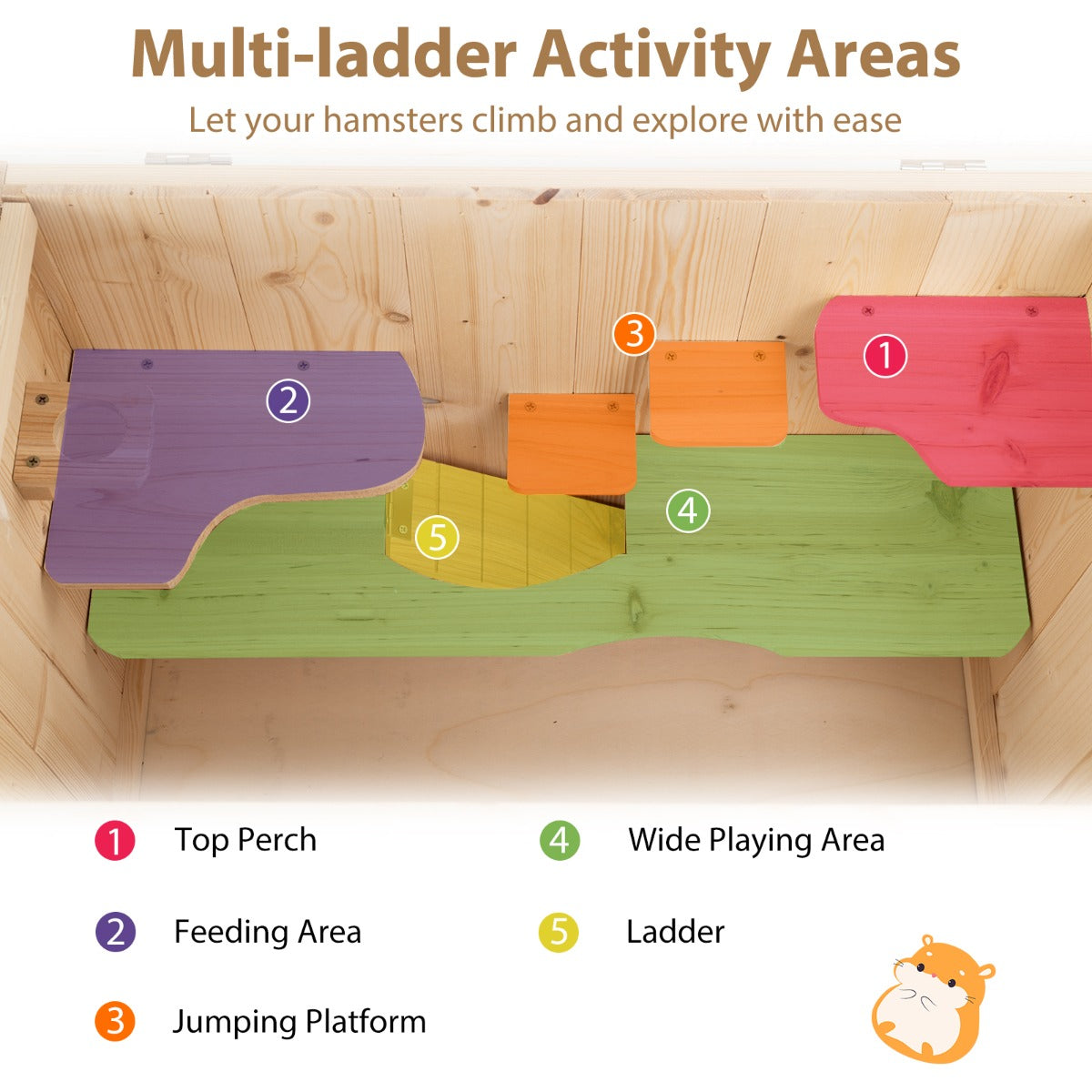 LIVSK Houten Hamsterkooi met Opklapdeksel - Multi-trappen - Ruime Hamster Leefruimte - Natuurlijk