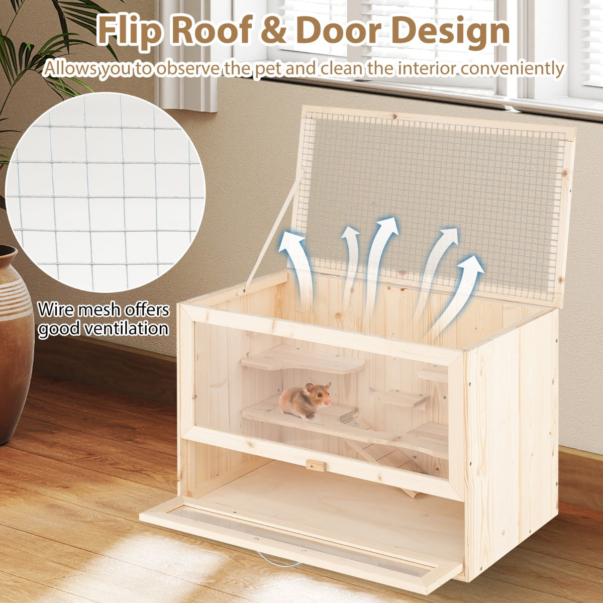 LIVSK Houten Hamsterkooi met Opklapdeksel - Multi-trappen - Ruime Hamster Leefruimte - Natuurlijk
