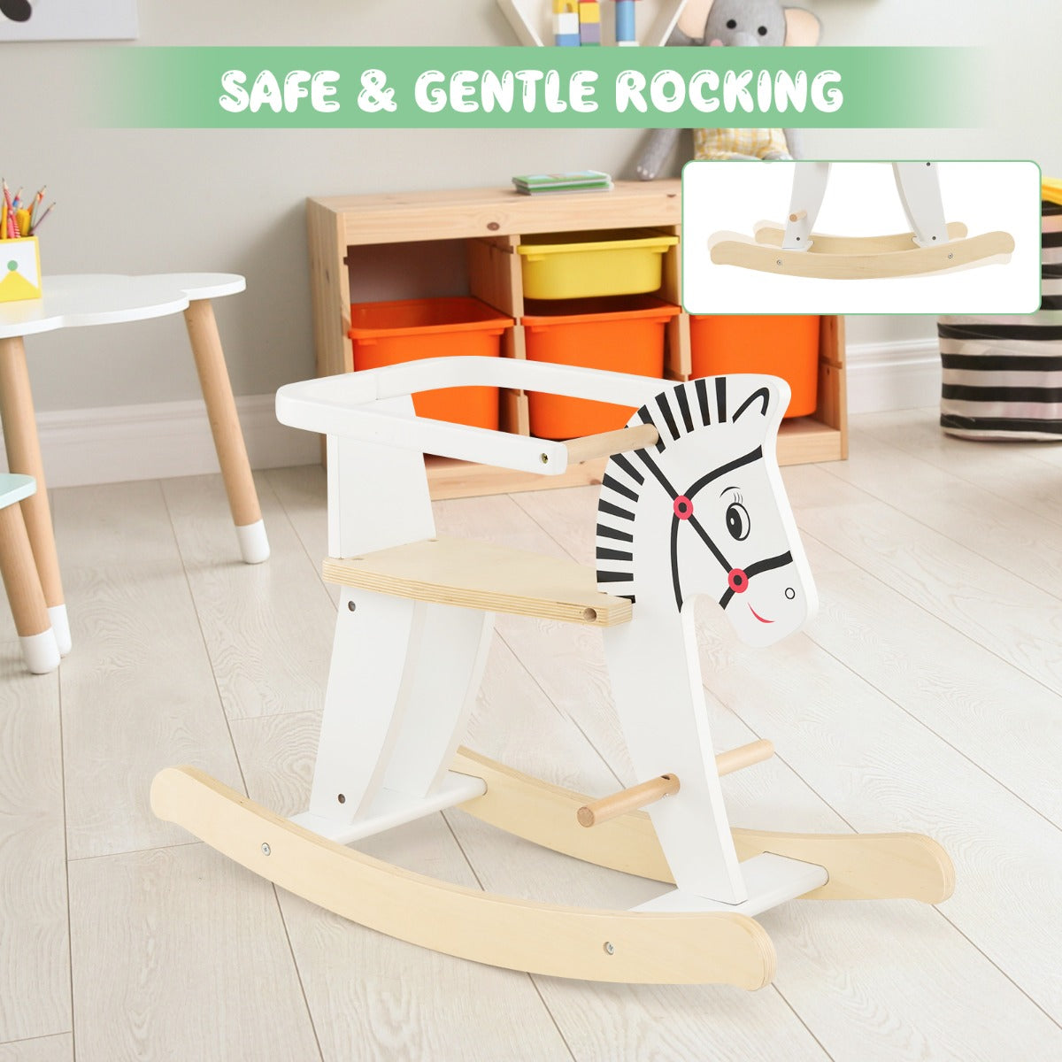 LIVSK Houten Hobbelpaard - Afneembare Leuning - Duurzaam Massief Hout en MDF - Voor Kinderen vanaf 3 Jaar - 68 x 27 x 48 cm - Wit