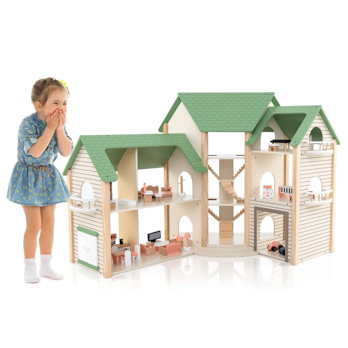 LIVSK Houten Hoekpoppenhuis - 3 Verdiepingen - 6 Kamers - 36 Meubels & Accessoires - Stimuleert Creativiteit - Groen