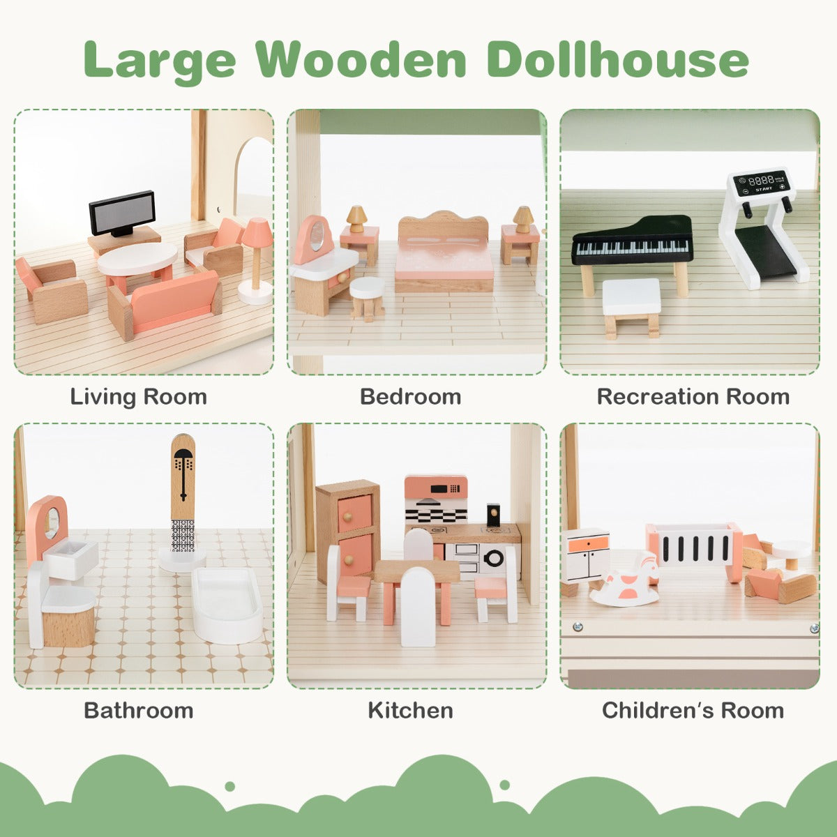 LIVSK Houten Hoekpoppenhuis - 3 Verdiepingen - 6 Kamers - 36 Meubels & Accessoires - Stimuleert Creativiteit - Groen