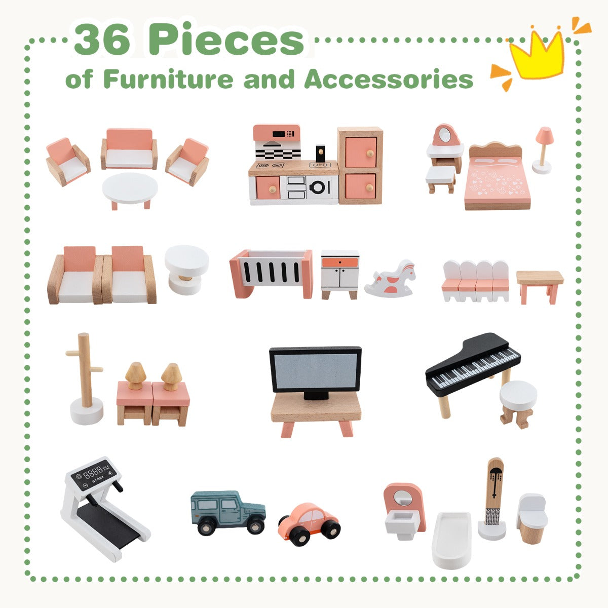 LIVSK Houten Hoekpoppenhuis - 3 Verdiepingen - 6 Kamers - 36 Meubels & Accessoires - Stimuleert Creativiteit - Groen