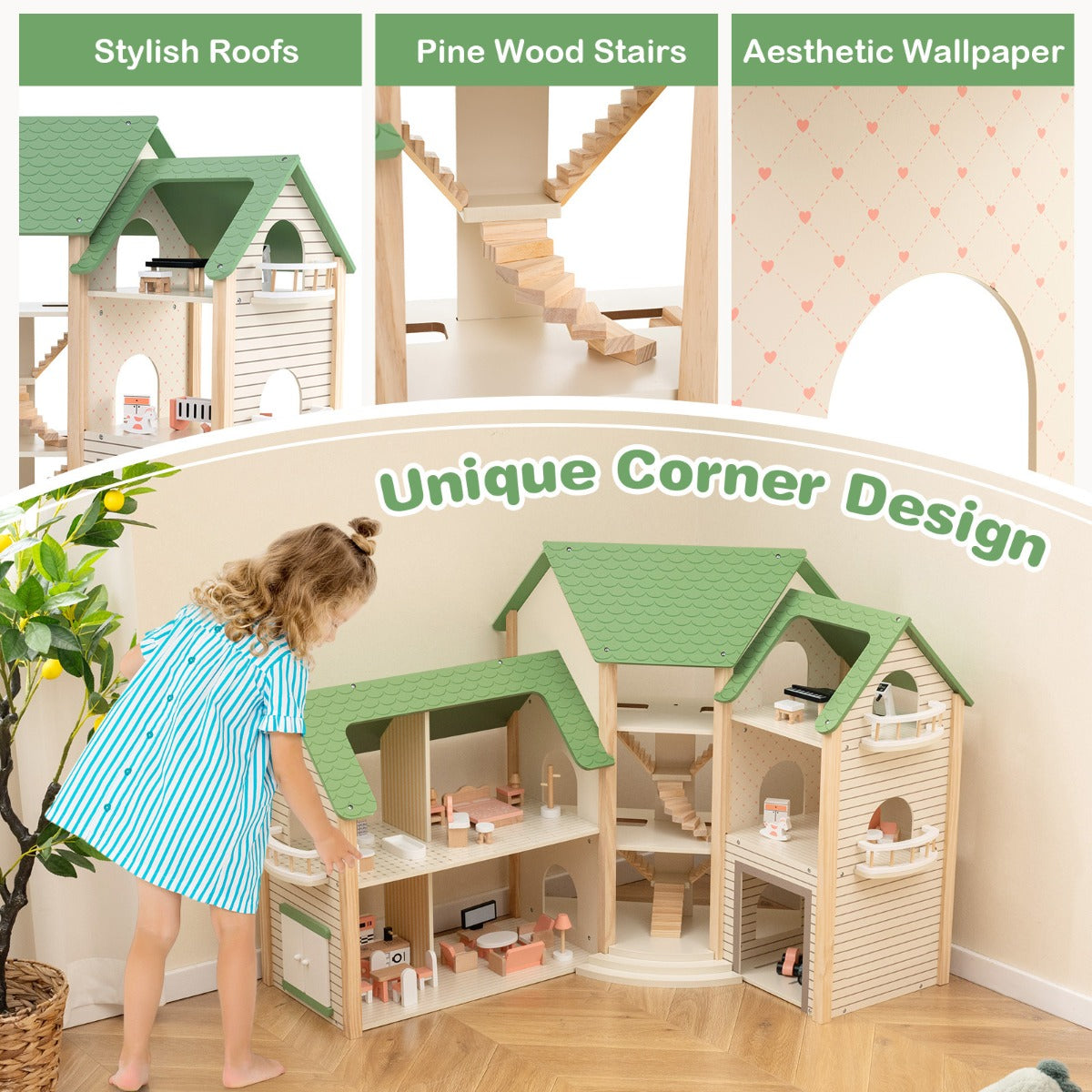 LIVSK Houten Hoekpoppenhuis - 3 Verdiepingen - 6 Kamers - 36 Meubels & Accessoires - Stimuleert Creativiteit - Groen