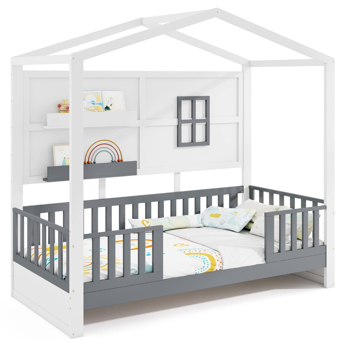 LIVSK Kinderhuisbed van Grenenhout - Veiligheidshek - 2 Opbergplanken - Montessori-geïnspireerd - 206 x 97 x 192 cm - Wit en Grijs