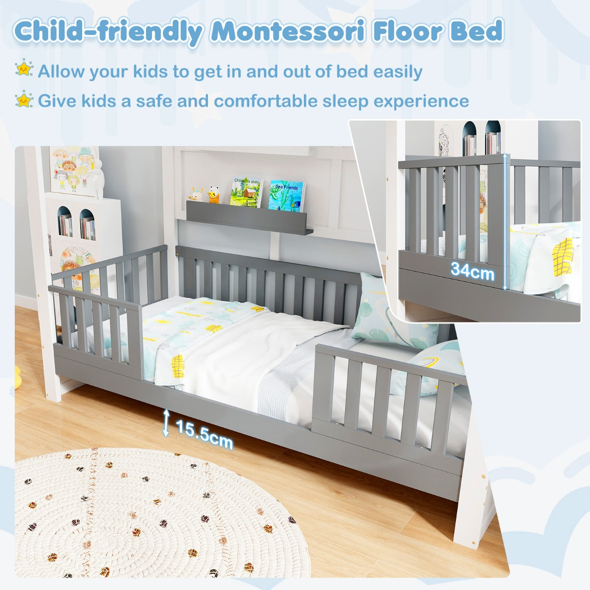 LIVSK Kinderhuisbed van Grenenhout - Veiligheidshek - 2 Opbergplanken - Montessori-geïnspireerd - 206 x 97 x 192 cm - Wit en Grijs