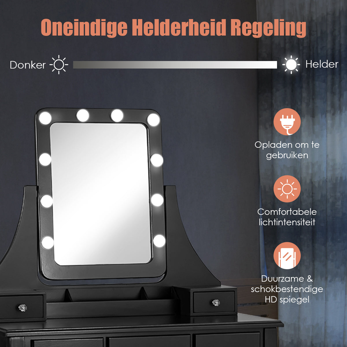 LIVSK Kaptafel met 360° Draaibare Spiegel - 10 LED-lampen - 5 Lades - MDF & Grenenhout - Zwart