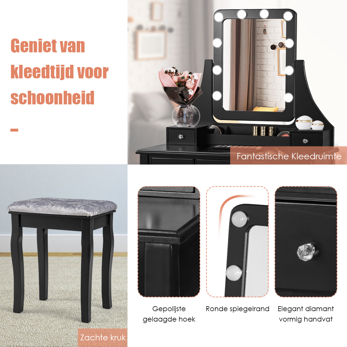 LIVSK Kaptafel met 360° Draaibare Spiegel - 10 LED-lampen - 5 Lades - MDF & Grenenhout - Zwart