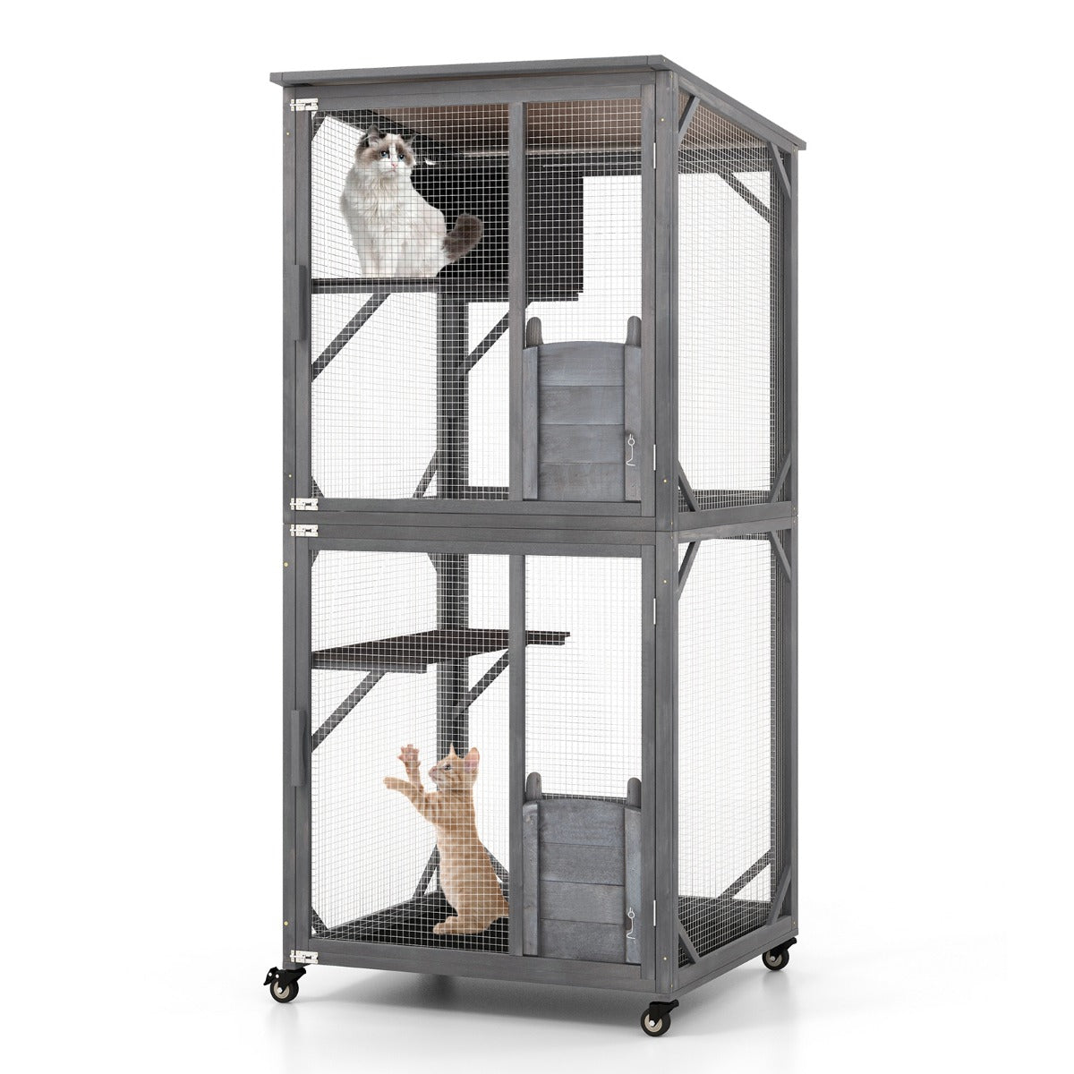 LIVSK Kattenhuis Buitenkooi - Luxe Activiteitencentrum - Weerbestendig Vurenhout - 2 Platformen - Wielen - 80 x 70 x 182 cm -