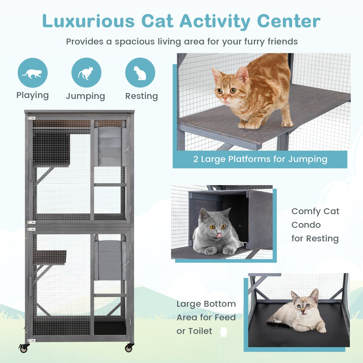 LIVSK Kattenhuis Buitenkooi - Luxe Activiteitencentrum - Weerbestendig Vurenhout - 2 Platformen - Wielen - 80 x 70 x 182 cm -