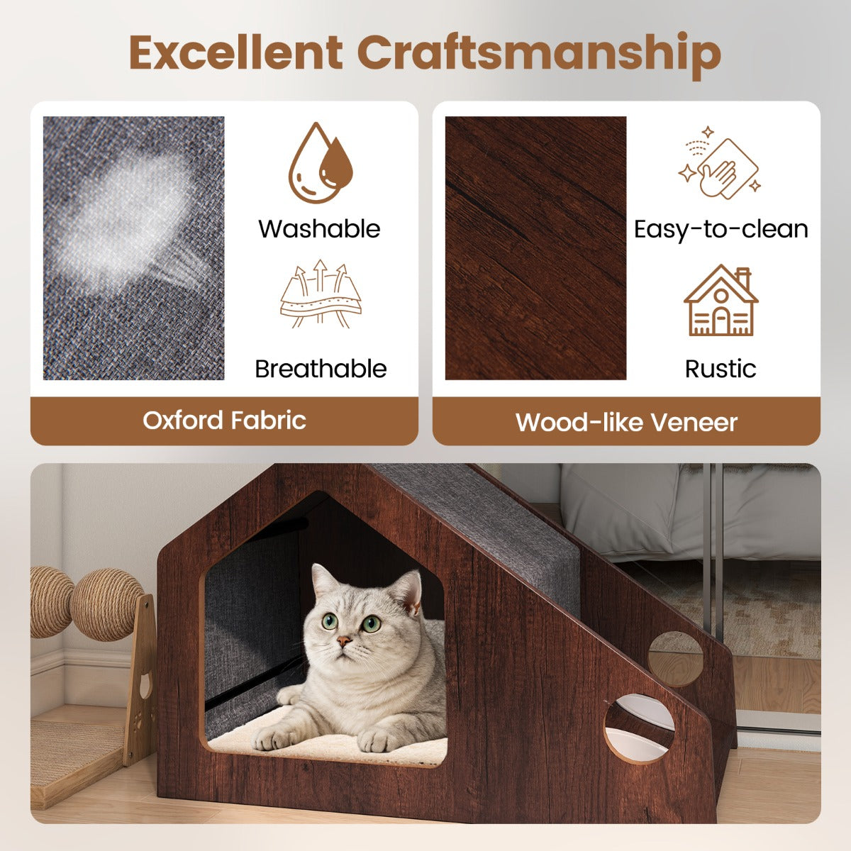 Livsk costway houten kattenhuis voor binnen multifunctioneel kattenhuismeubilair 5