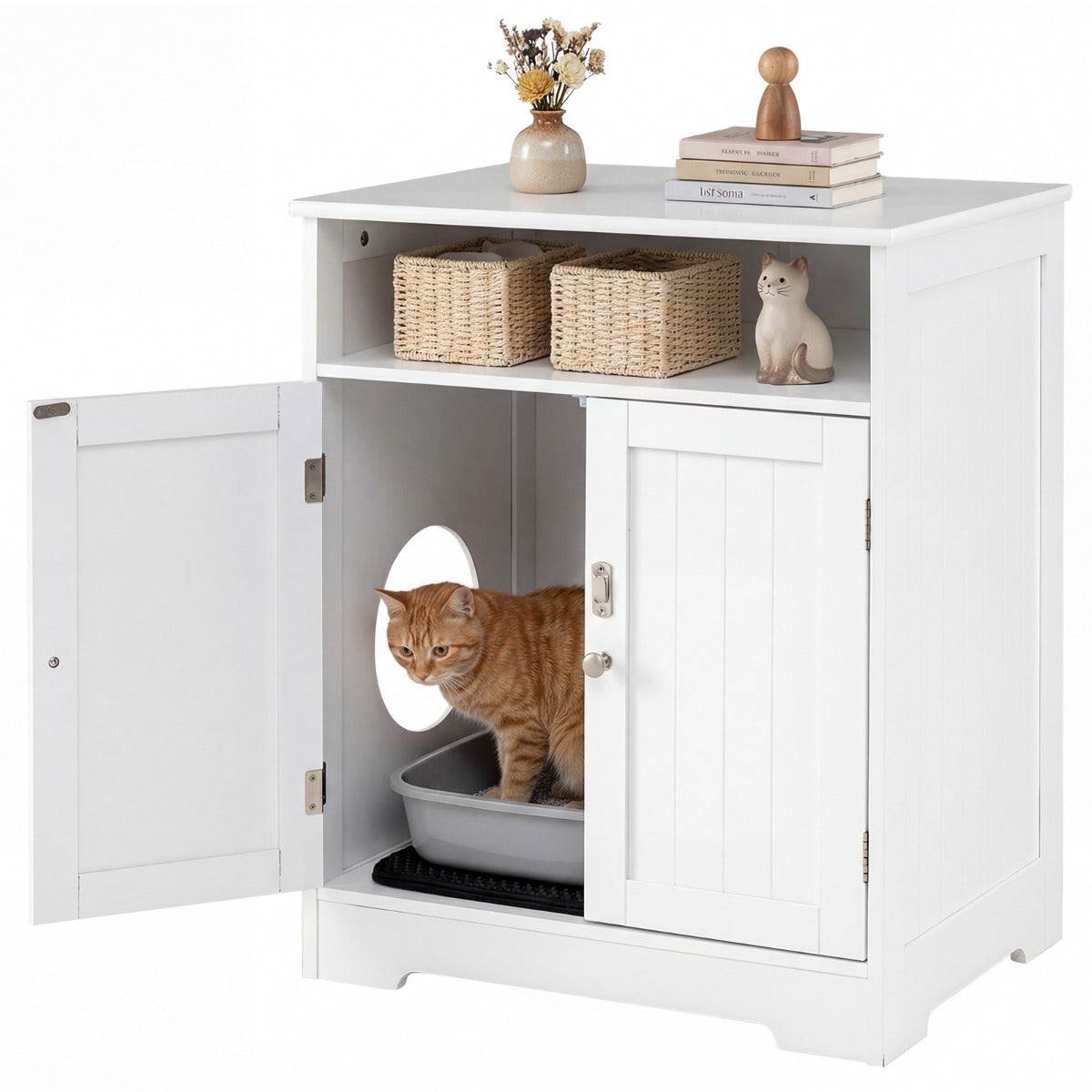 Livsk costway houten kattenkast verborgen kattenbak met gemakkelijk te reinigen strooimat opbergvak afsluitbare deur kattenhuis kattenbak kast voor woonkamer gang wit 1
