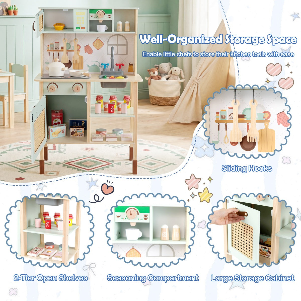 Livsk costway houten keuken voor kinderen speelkeuken van hout met licht en geluid kinderkeuken met accessoires oven afwasmachine en koffiezetapparaat