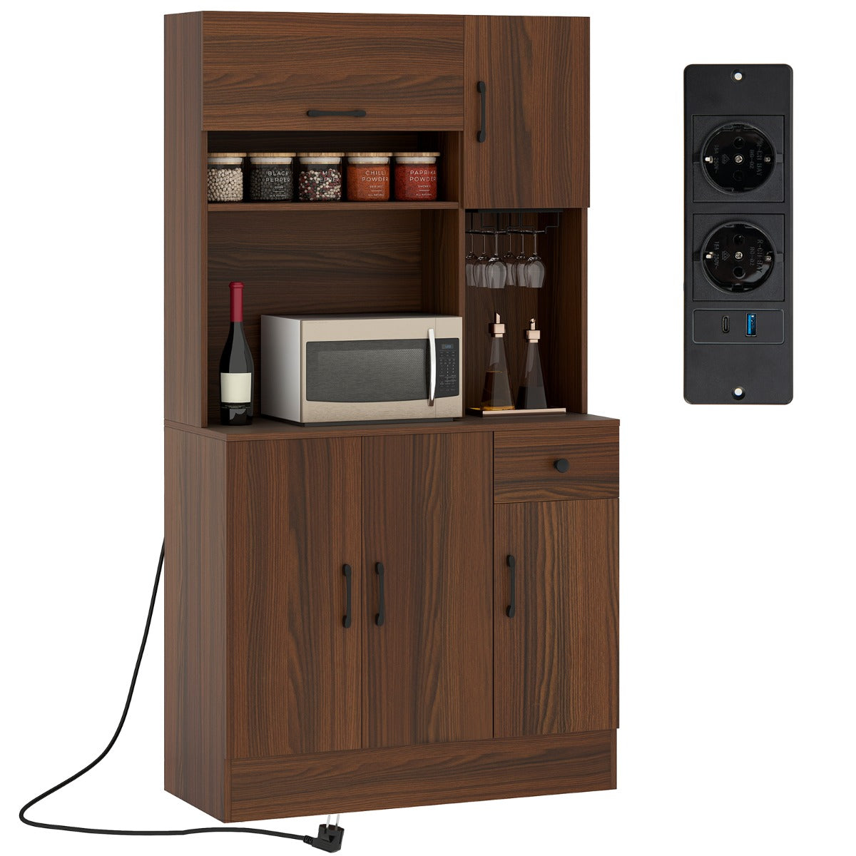 LIVSK Buffetkast met Verstelbare Planken - Neerklapbare Kast - Oplaadstation met USB - Anti-kantelsets - 90 x 39 x 167 cm - Bruin