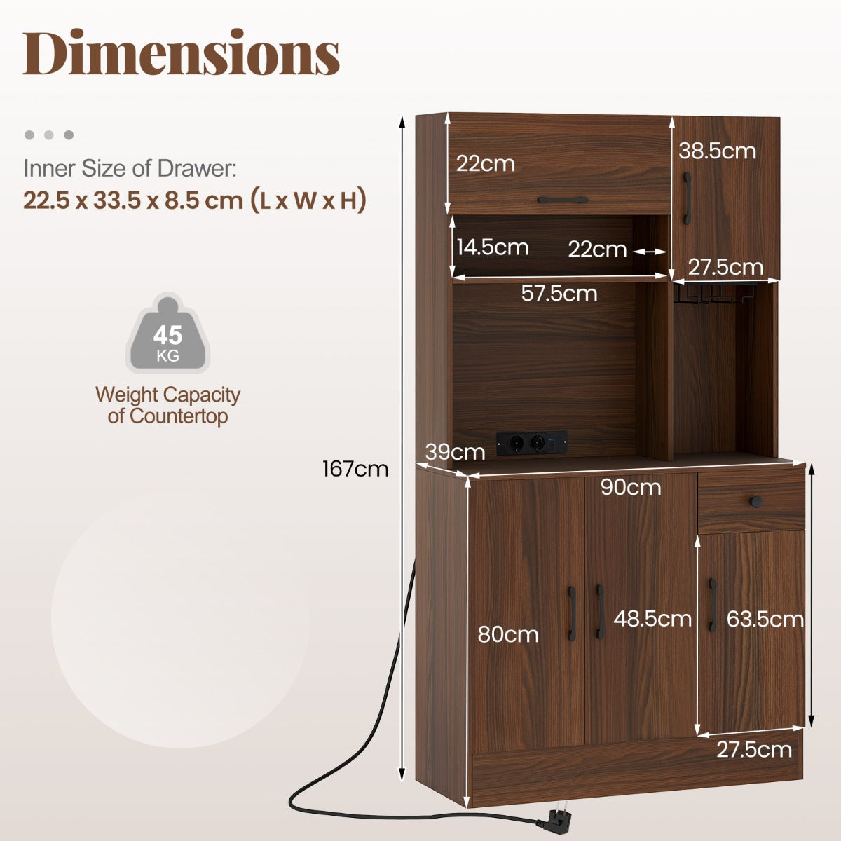 LIVSK Buffetkast met Verstelbare Planken - Neerklapbare Kast - Oplaadstation met USB - Anti-kantelsets - 90 x 39 x 167 cm - Bruin