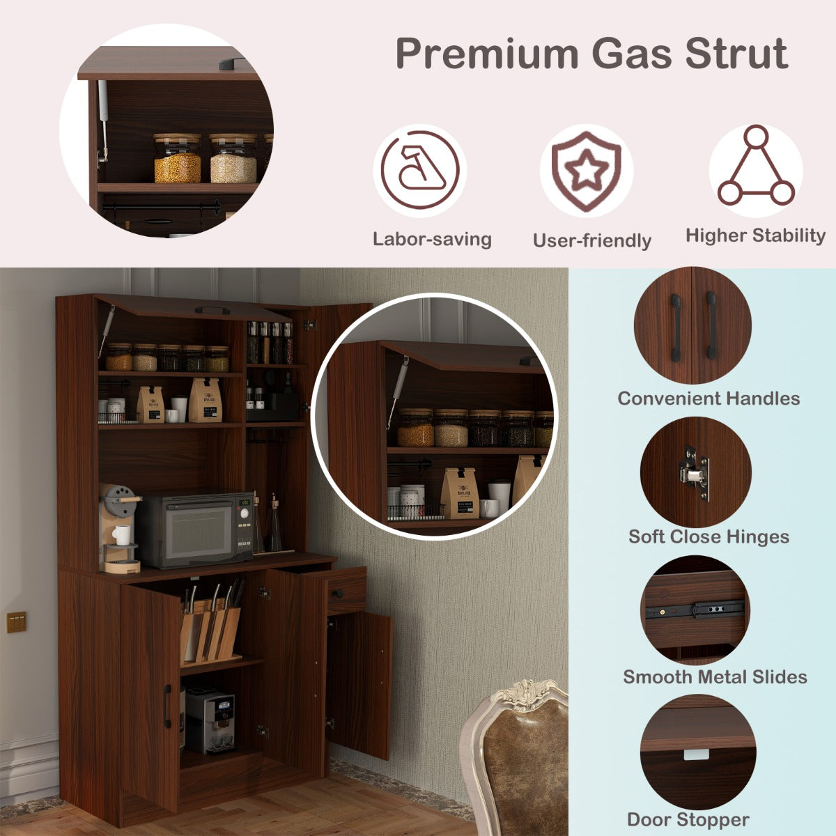 LIVSK Buffetkast met Verstelbare Planken - Neerklapbare Kast - Oplaadstation met USB - Anti-kantelsets - 90 x 39 x 167 cm - Bruin